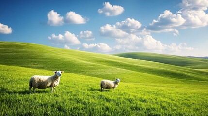 Fototapeta premium Serene Meadow: Two sheep graze peacefully in a lush, rolling meadow under a sky filled with fluffy clouds. The image evokes a sense of tranquility and pastoral beauty. 