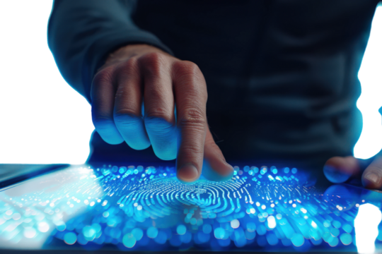Man Scanning Fingerprint on AI Security Pad Isolated Transparent