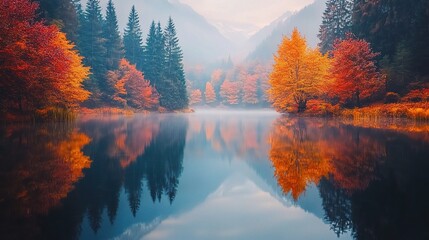 Fototapeta premium Autumnal Reflections: Serene lake mirroring vibrant fall foliage. Misty mountain landscape, picturesque autumn scenery. 