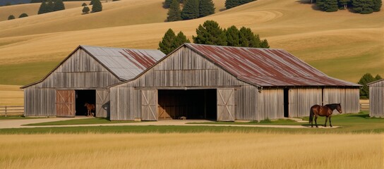 Vintage horse ranch with rustic barns and rolling hills at Wilder Ranch State Park