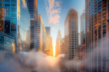 Skyscrapers glowing in the golden sunrise with clouds drifting through the urban canyon of a bustling city