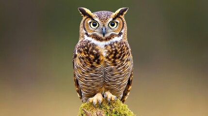 Fototapeta premium A majestic owl perched gracefully on a mossy surface, showcasing its stunning feathers and striking gaze.