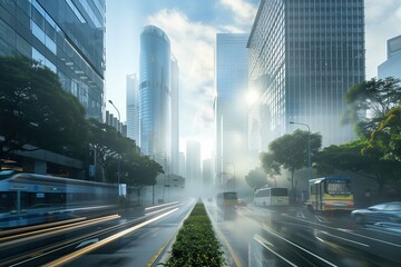 Modern urban boulevard drenched in soft sunlight after rain, with skyscrapers, motion blur, and...