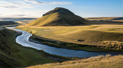 Fototapeta premium A hill with a winding river flowing at its base, enhancing the picturesque scenery.