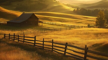 Golden Hour Haven: A rustic cabin nestled amidst rolling hills bathed in the warm glow of a golden sunset, with a wooden fence winding through a field of golden grass.