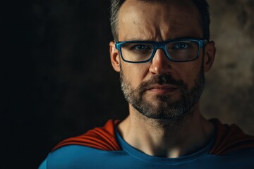 Fototapeta premium A man with glasses and a red and blue Superman costume. He is looking at the camera. The image has a dark mood and a sense of mystery