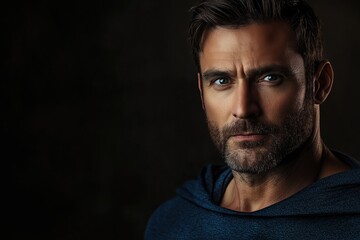 Fototapeta premium A man with a beard and glasses is wearing a blue hoodie. He is looking directly at the camera
