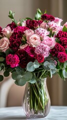 Valentine's Day bouquet of pink and burgundy flowers in glass vase