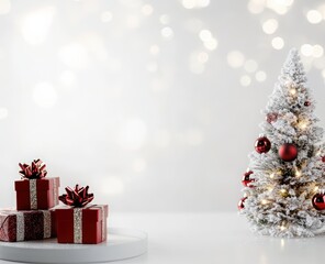Christmas background with a white table and red gift boxes, a white wall with bokeh lights in the background, Christmas tree decorations, and space for product presentation mock-up