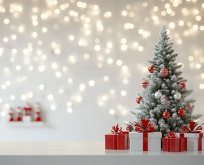 Christmas background with a white table and red gift boxes, a white wall with bokeh lights in the background, Christmas tree decorations, and space for product presentation mock-up