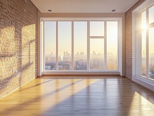 Fototapeta premium A large empty room with a brick wall and a large window