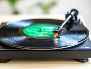 
Turntable arm on golden Vinyl record rotating in a macro shot