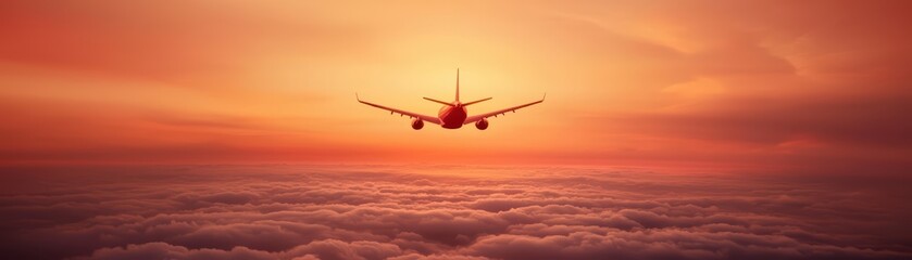 Naklejka premium Airplane flying above clouds at sunset, vibrant colors in the sky