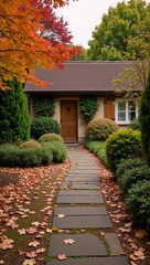 Fototapeta premium Charming UK garden showcases a naturalistic autumn-inspired design with vibrant colors and captivating hardscapes