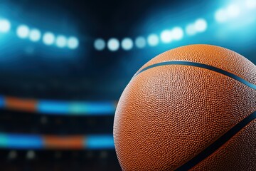 Close-up of a basketball with blurred stadium lights in the background.