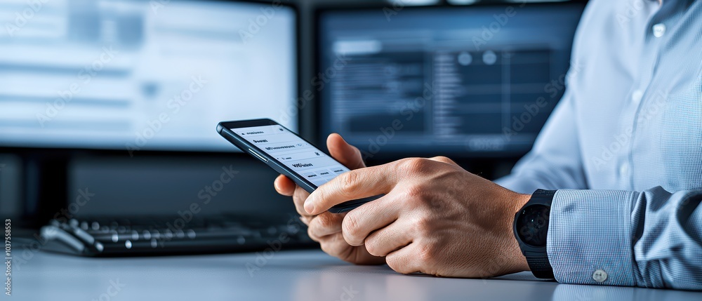 Poster close-up of a person using a smartphone while working at a computer desk.