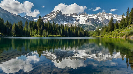 Beautiful lake in a forest between snow capped mountains.