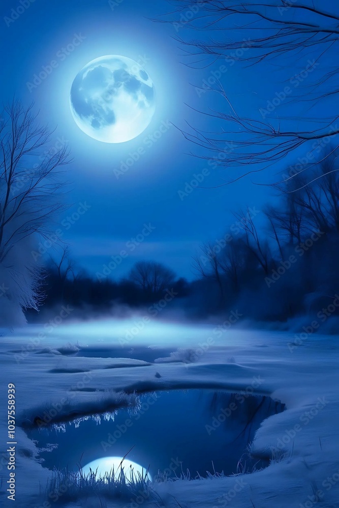 Wall mural moon over a pond of water in winter night scene depicting a frosted pond, illuminated solely by the 