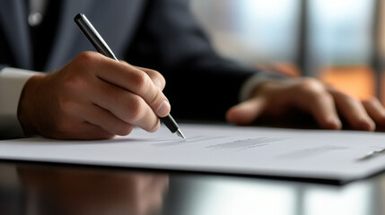 Close up of lawyer's hand signing important legal document for professional use