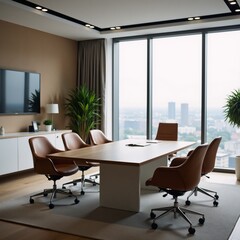 Fototapeta premium A CEOs workspace featuring an office interior with a meeting table armchairs positioned next to a window