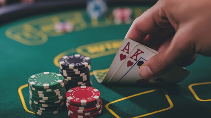 A winning blackjack hand being revealed on the table, with a pile of chips nearby