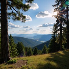 Scene featuring a sunlit nature landscape with natural elements like trees flowers and water