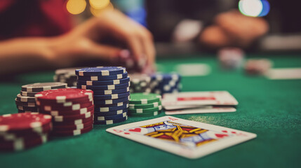 Fototapeta premium A winning blackjack hand being revealed on the table, with a pile of chips nearby