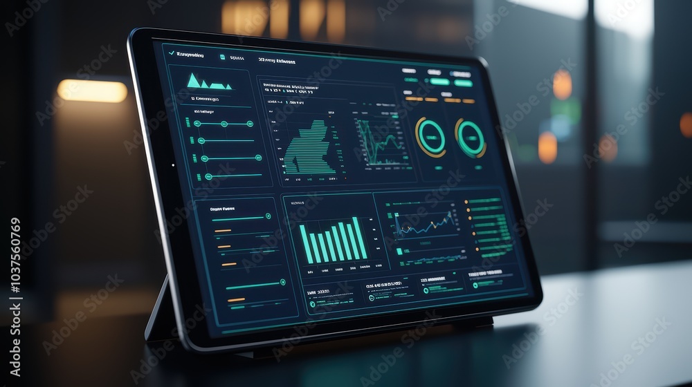 Poster digital dashboard on tablet displaying analytics and charts in modern office environment.