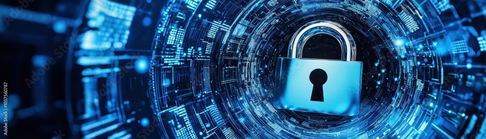 Poster digital lock symbolizing security in a futuristic tech environment, surrounded by data streams and c