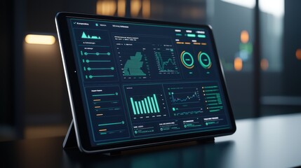 Digital dashboard on tablet displaying analytics and charts in modern office environment.