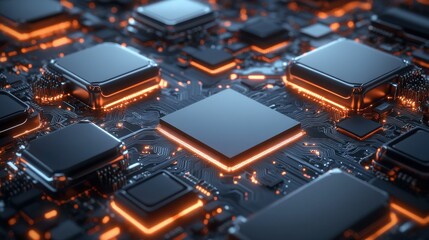 3D rendering of high-tech chip with glowing orange wires and circuit boards