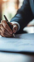Lawyer's hand signing an important legal document with pen in office setting