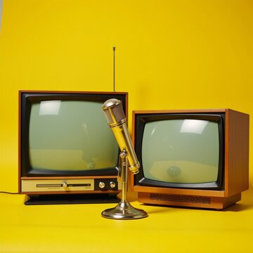 A vintage-style image featuring two retro TVs and a gold mic on a bright yellow backdrop