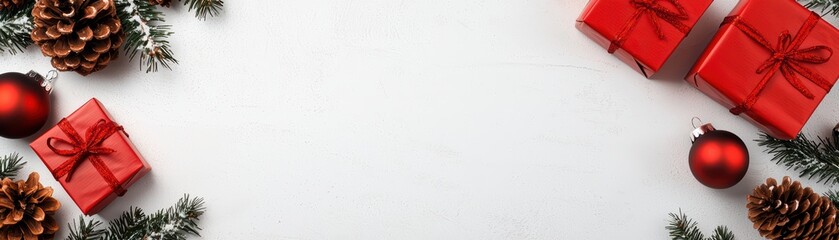 Obraz premium Festive Christmas composition with red gifts, pine cones, and ornaments on a white background.