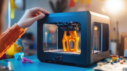 A person using a 3D printer to create personalized items at home, Modern lifestyle scene, Innovative style