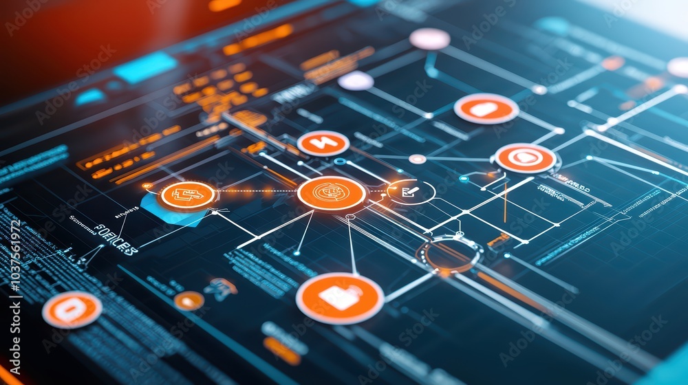 Poster futuristic digital interface with connected nodes and data points on a tablet screen.