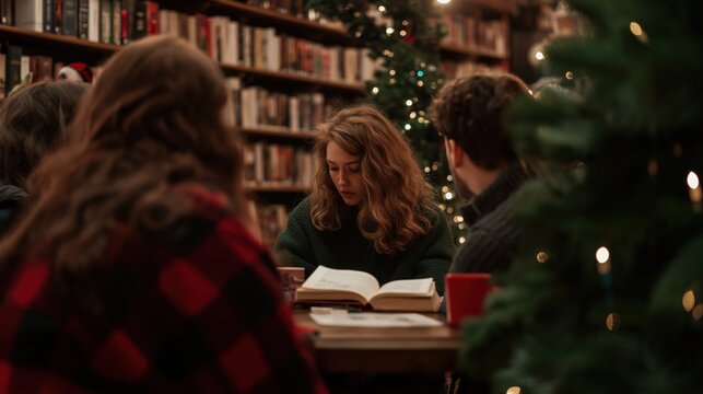 Cozy holiday book club event in festive bookstore setting