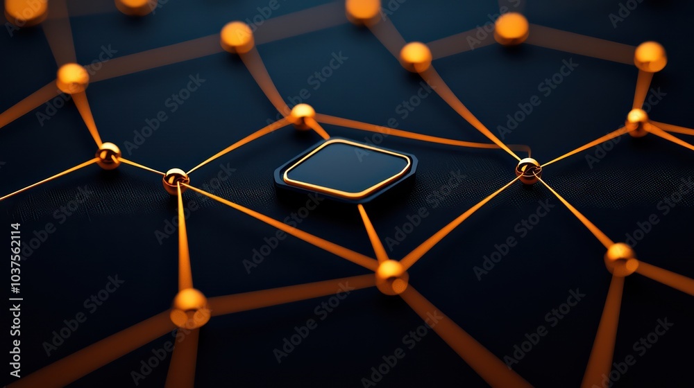 Poster futuristic network of interconnected nodes with cpu in the center, dark background with glowing line