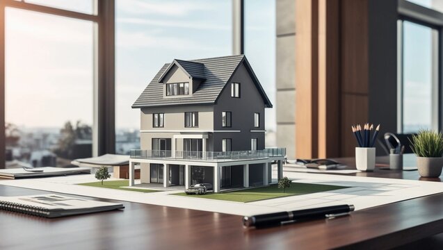  Architectural house model on a desk, showcasing real estate planning, home design, and construction development