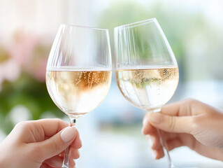 Obraz premium People clinking glasses with wine on the summer terrace of cafe or restaurant