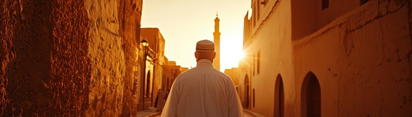 Fototapeta premium Individual walking down ancient street at sunset, showcasing heritage architecture and warm golden light.