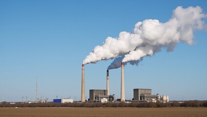 Digital illustration depicts power plants with smoky chimneys against a backdrop of polluted skies