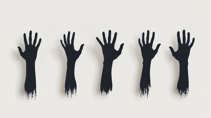 Fototapeta premium Five Black Silhouettes of Zombie Hands Reaching Upwards.