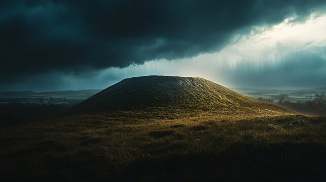 A hill during a thunderstorm, with dark clouds rolling in, creating a dramatic atmosphere.