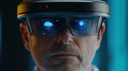 Man with augmented reality glasses, focused expression, advanced technology, innovative future concept, blue background.