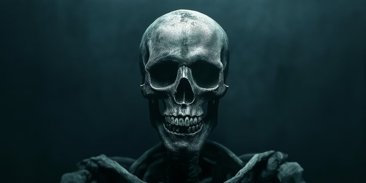 A skull with a silver face is shown in a dark blue background. The skull is the main focus of the image, and the blue background adds a sense of mystery and darkness to the scene
