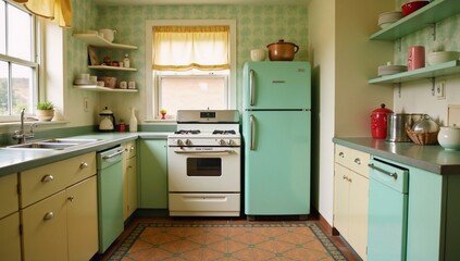 Fototapeta premium Nostalgic 1950s-style retro kitchen featuring antique appliances and vintage decor