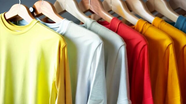 Colorful Long Sleeve Shirts on Hangers Vibrant Display of Casual Fashion for Your Wardrobe, Showcasing Cheerful Assortment of Styles in Yellow, White, Green, Red, and Orange.