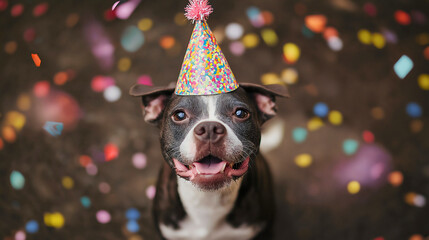 Happy dog celebrates birthday, pet wears party hat for festive occasion, cute animal portrait for greeting or invitation card, funny puppy adds humor to celebration background
