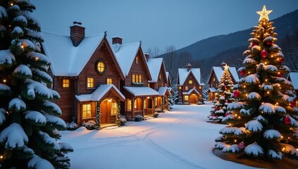 A whimsical winter wonderland featuring a snow-covered village Christmas trees and fantastical homes